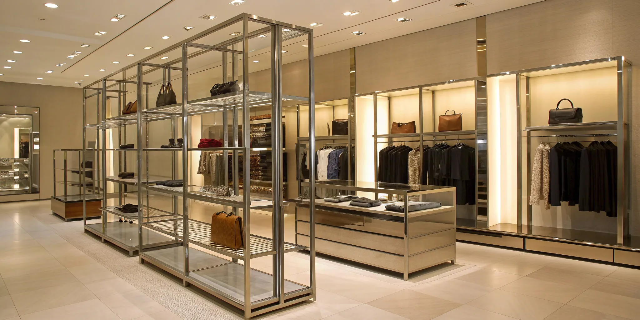 Durable metal retail displays, including clothing racks and shelving, for sale in a modern store.