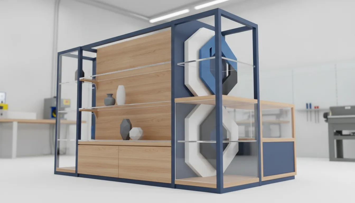 Mixed material retail fixture combining wood, metal, acrylic, and glass