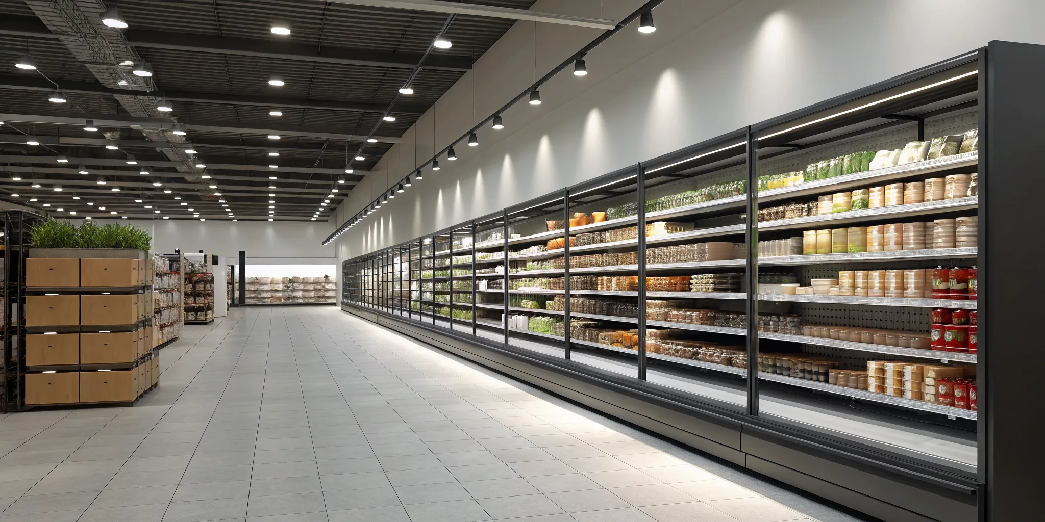 Gondola shelving units stocked with bulk order products.