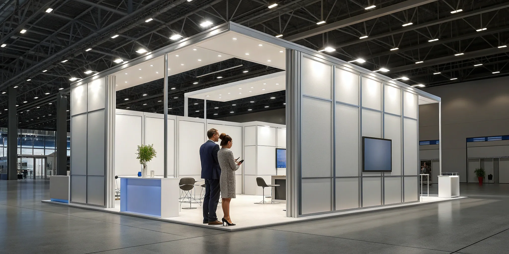 Portable trade show display with professionals discussing booth options.