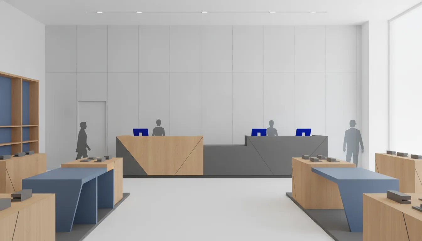 Custom retail counter design with clear customer flow and staff workspace