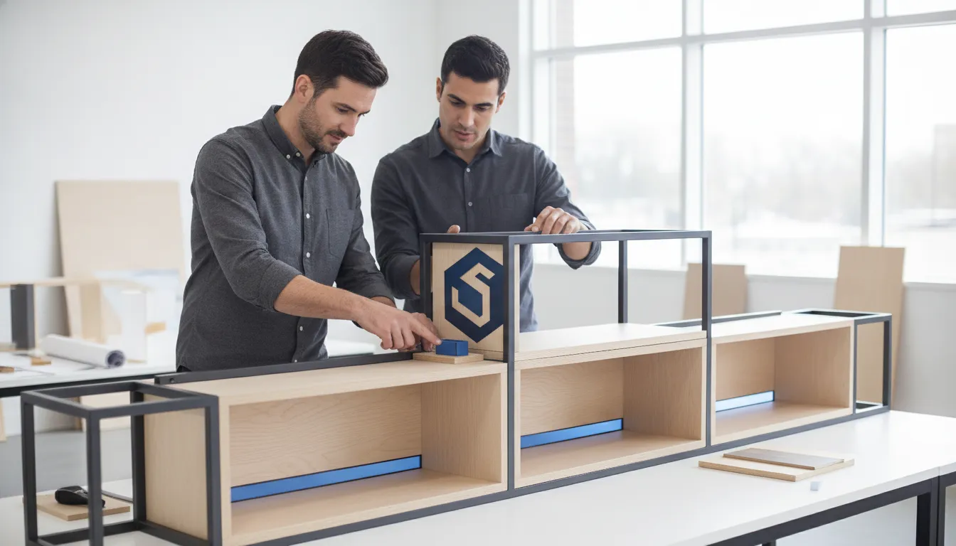 Retail program manager reviewing a custom fixture prototype