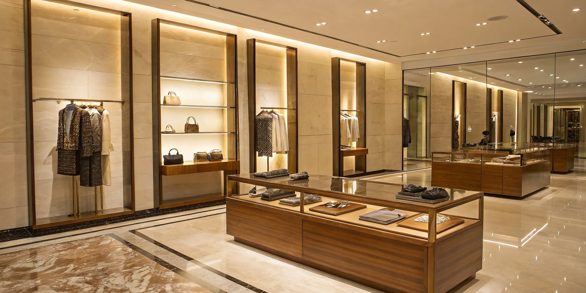 Luxury retail design featuring premium materials and elegant displays.