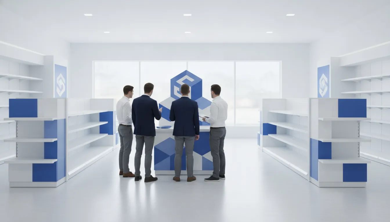 Retail merchandising team reviewing a coordinated display installation