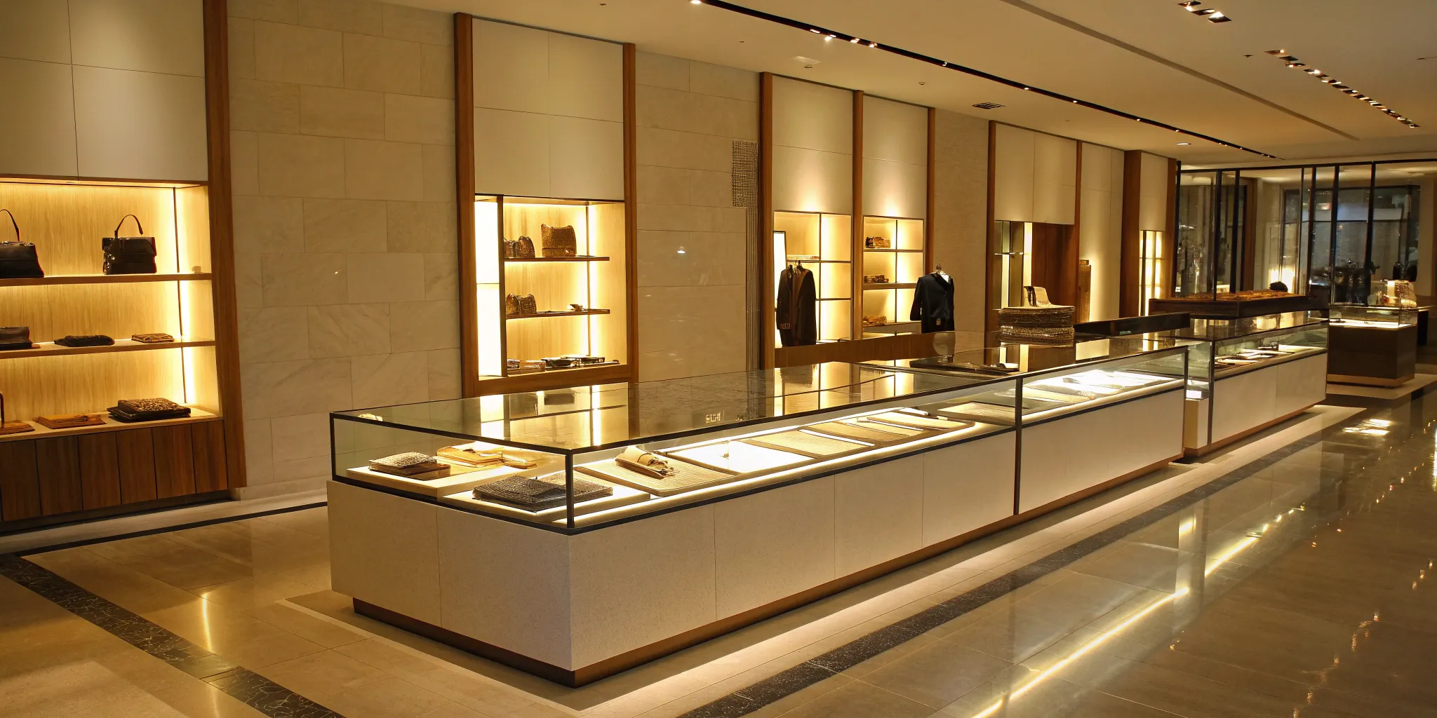Retail psychology: Appealing displays of handbags and apparel in a brightly lit store.