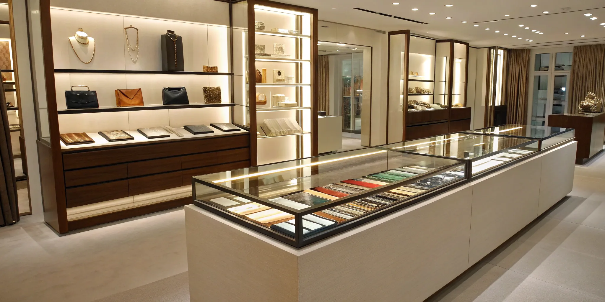 Retail handbag and jewelry display.