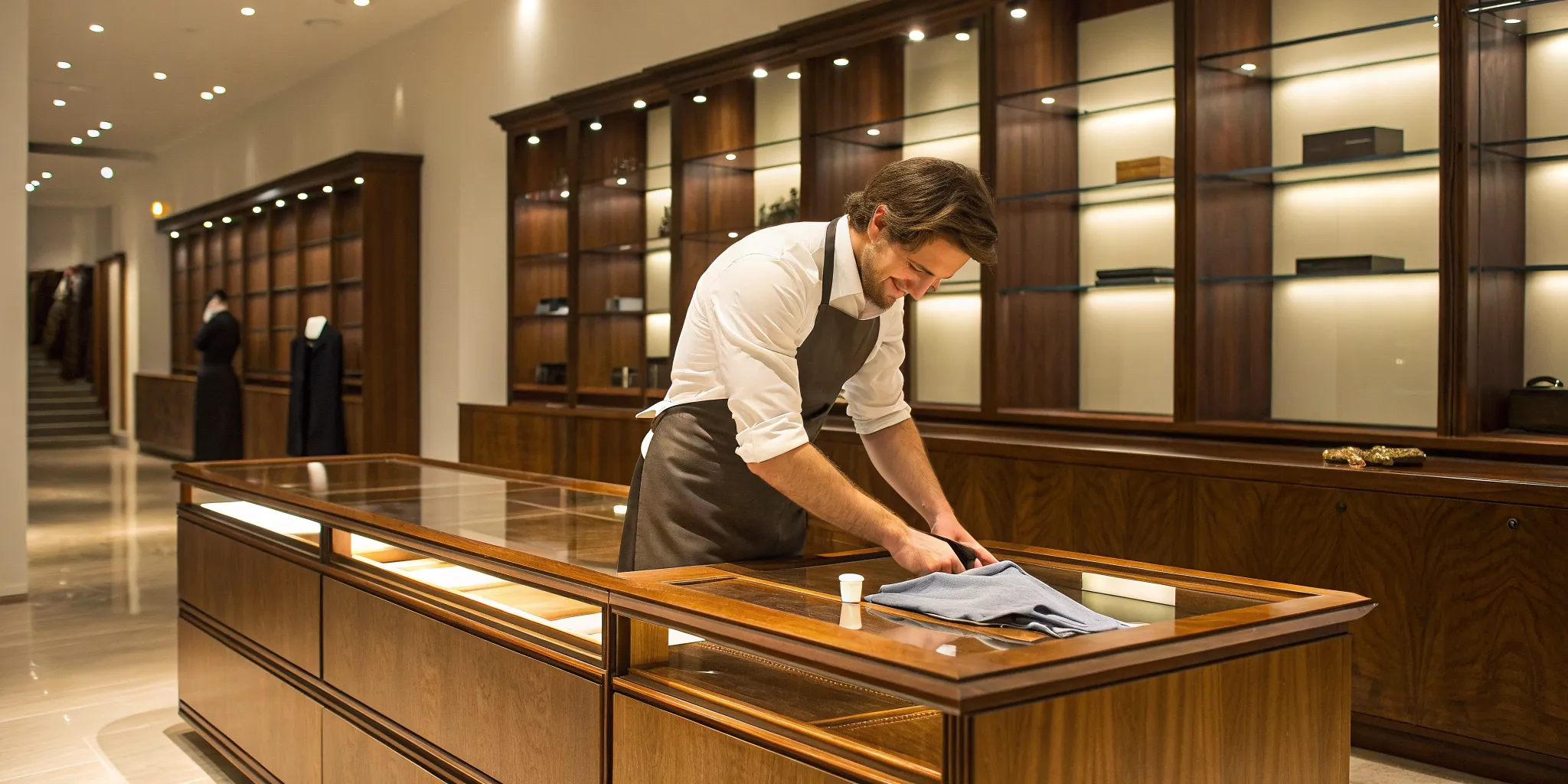 Retail employee carefully cleaning a wooden store fixture as part of routine maintenance.