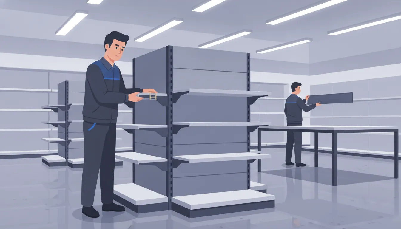 Retail store manager inspecting a powder-coated gondola fixture showing secure brackets and shelving
