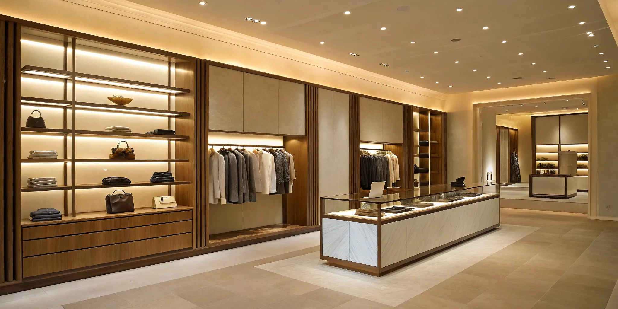 Professional retail installation of fixtures and displays in a modern store environment.