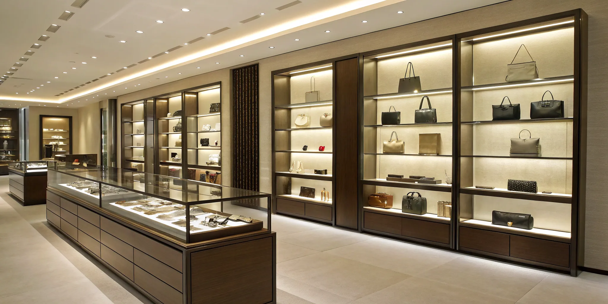 Retail-ready display of handbags and accessories.