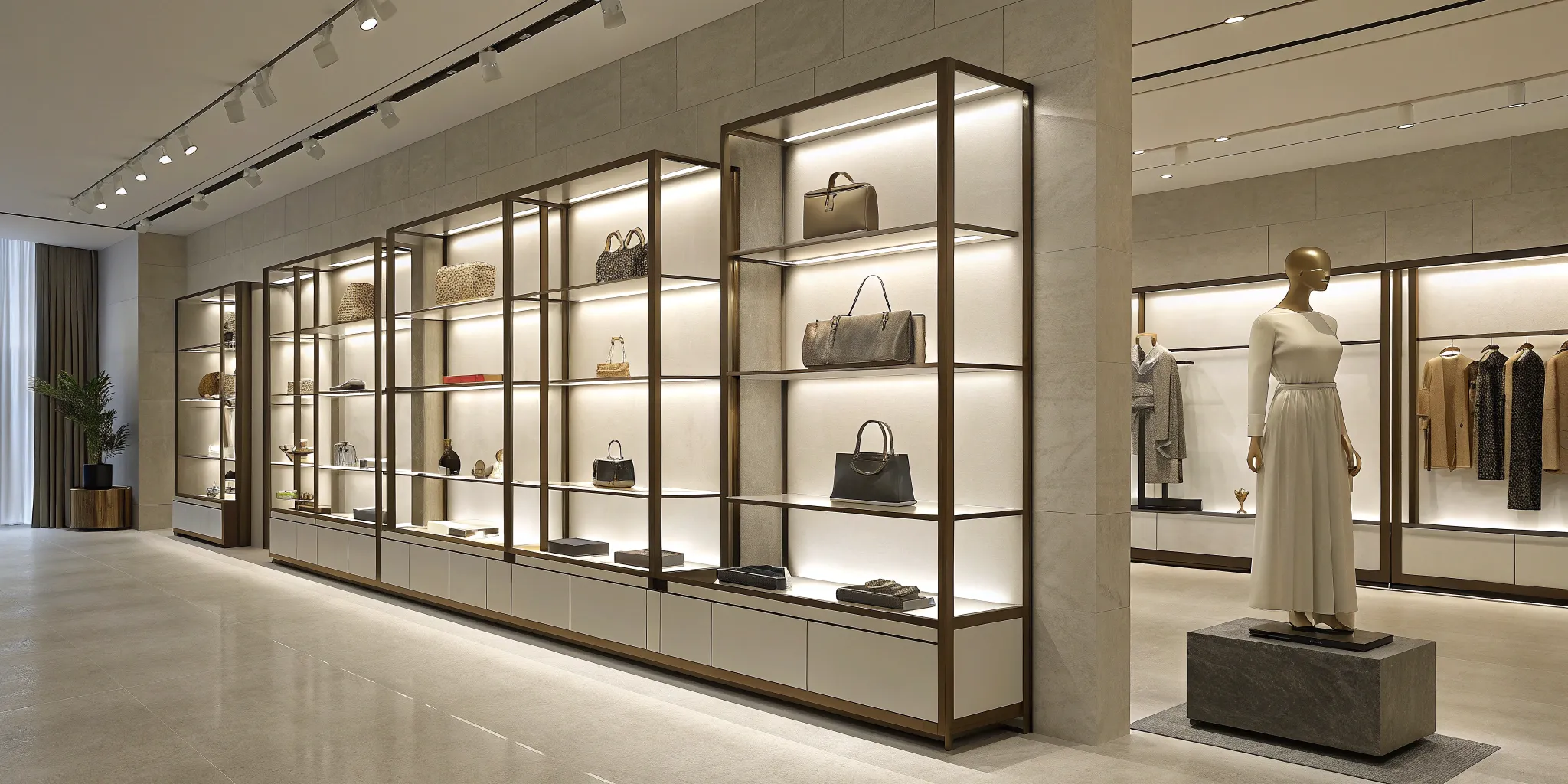 Modern retail store design with strategic product displays and lighting.