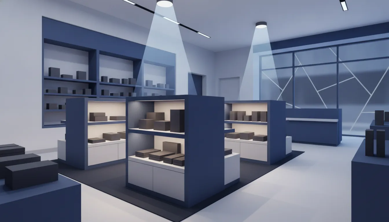Professional retail store interior with modern custom display shelving and gondola fixtures