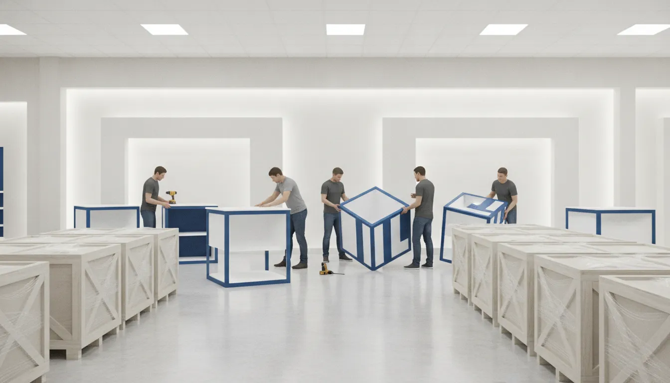 Retail fixtures staged for a coordinated store opening