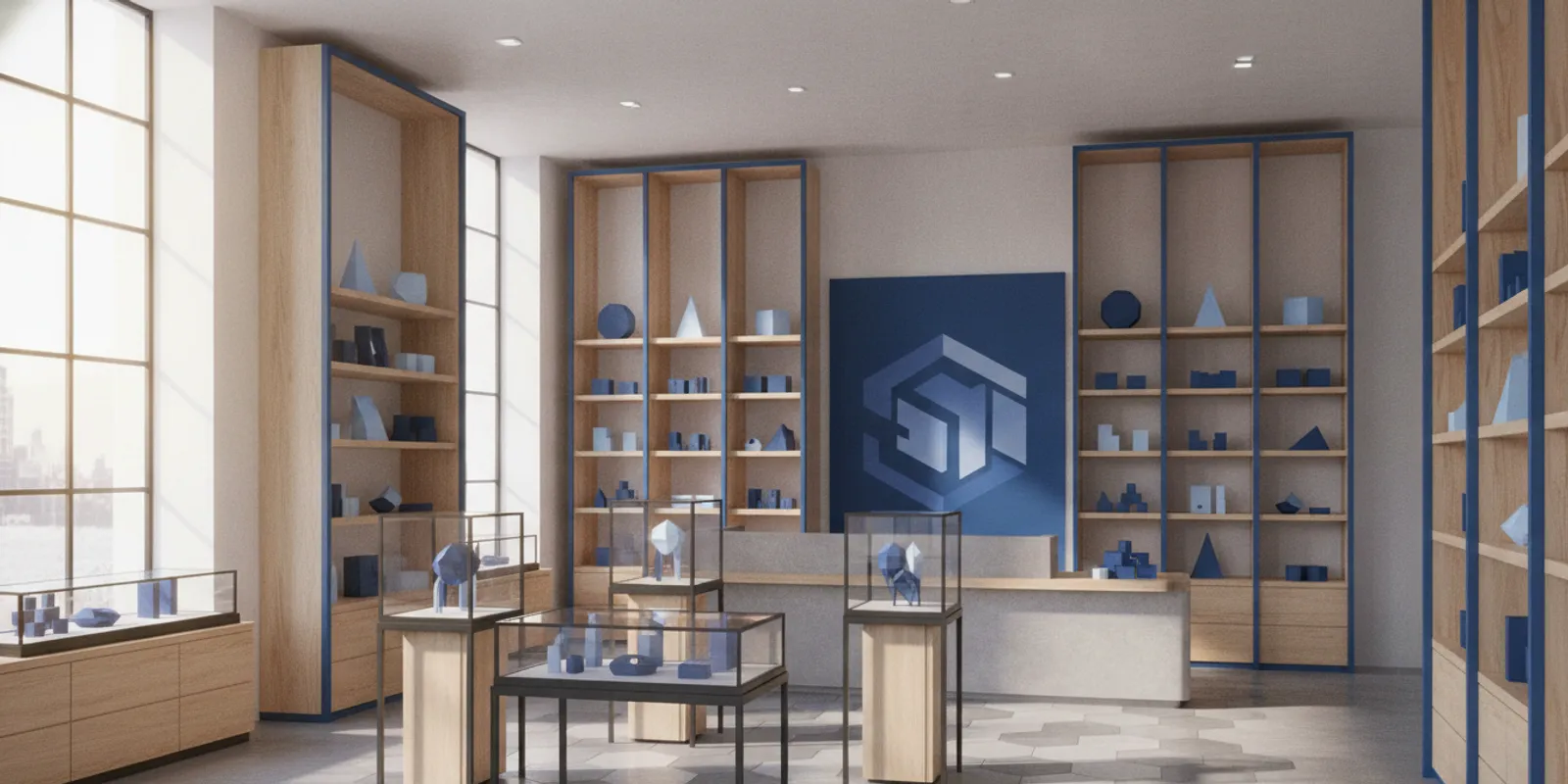 Custom retail display fixtures arranged in a distinctive specialty store environment