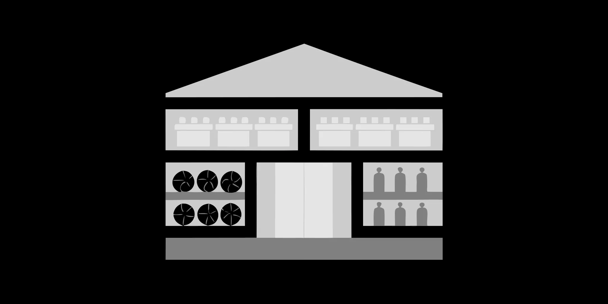 Sporting goods store fixtures like shelving and wall displays for athletic apparel and equipment.