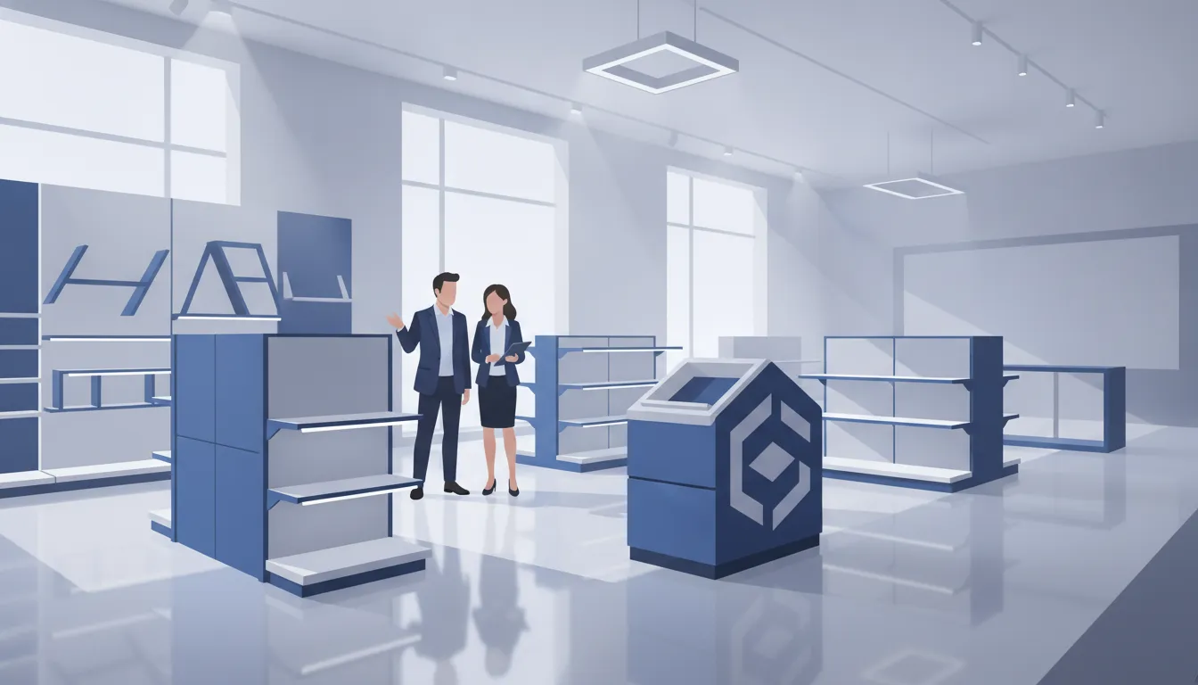Retail buyer and fixture engineer planning a scalable store display fixture program