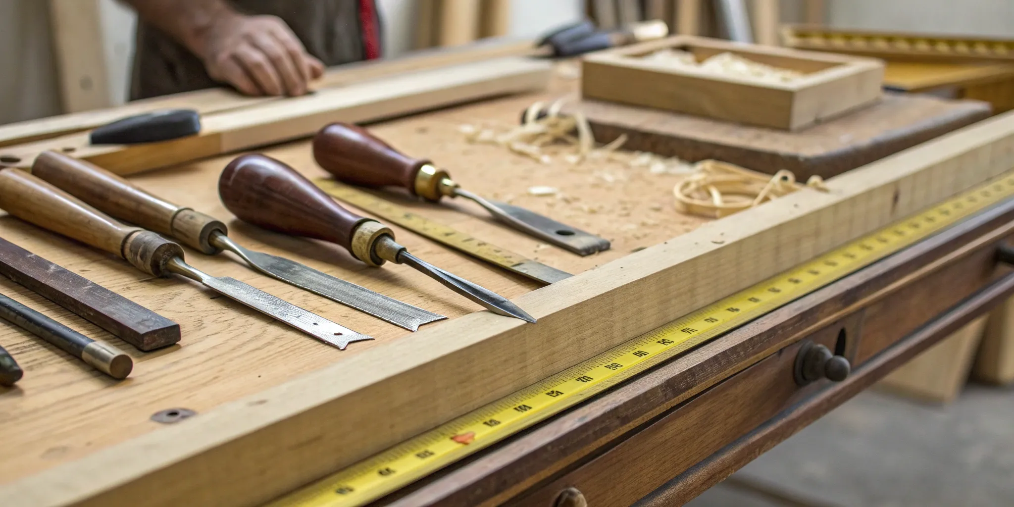 Workbench setup for the manufacturing process of a custom store display.