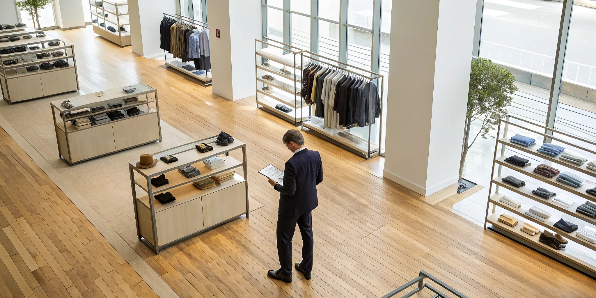 A person with blueprints planning the layout of a modern retail store.