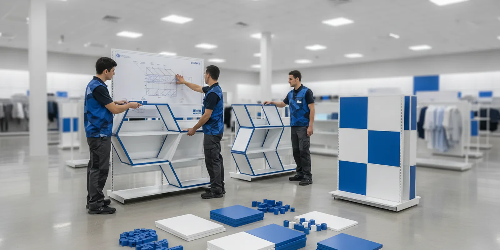Retail team organizing shelving and display fixtures during a store reset