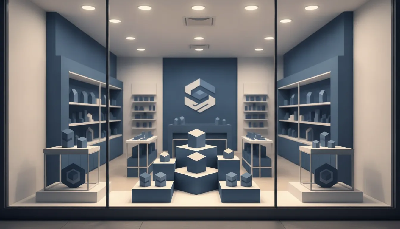 A modern retail storefront with custom display fixtures and window merchandising
