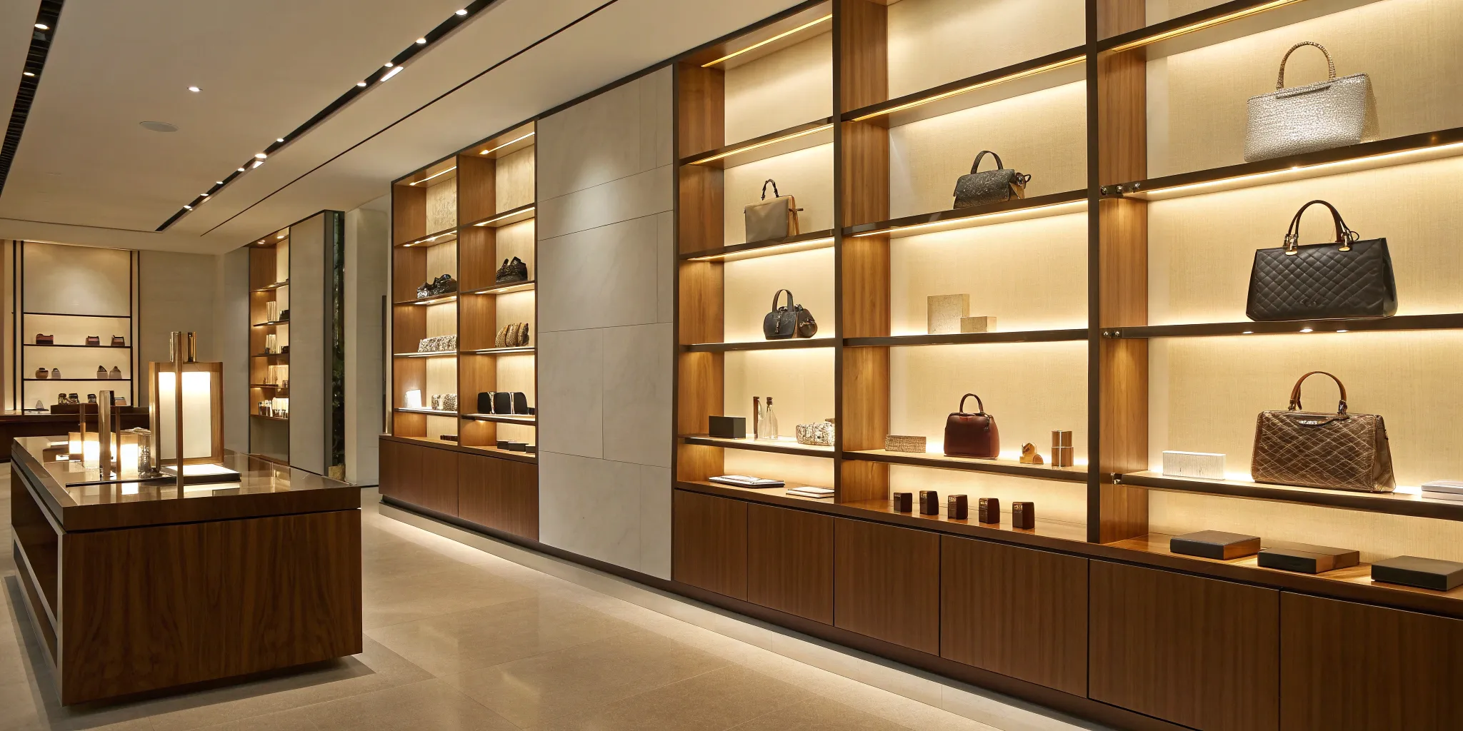 Effective product display elements in a luxury retail store with well-lit shelves of handbags.