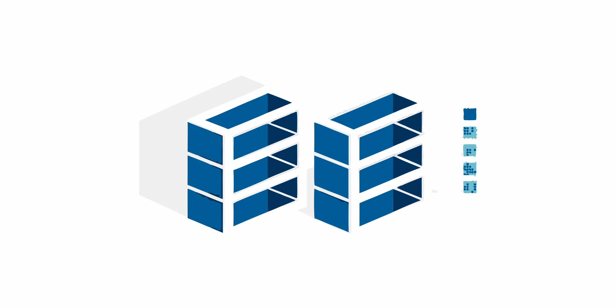 Blue modular commercial retail shelving for flexible product displays.
