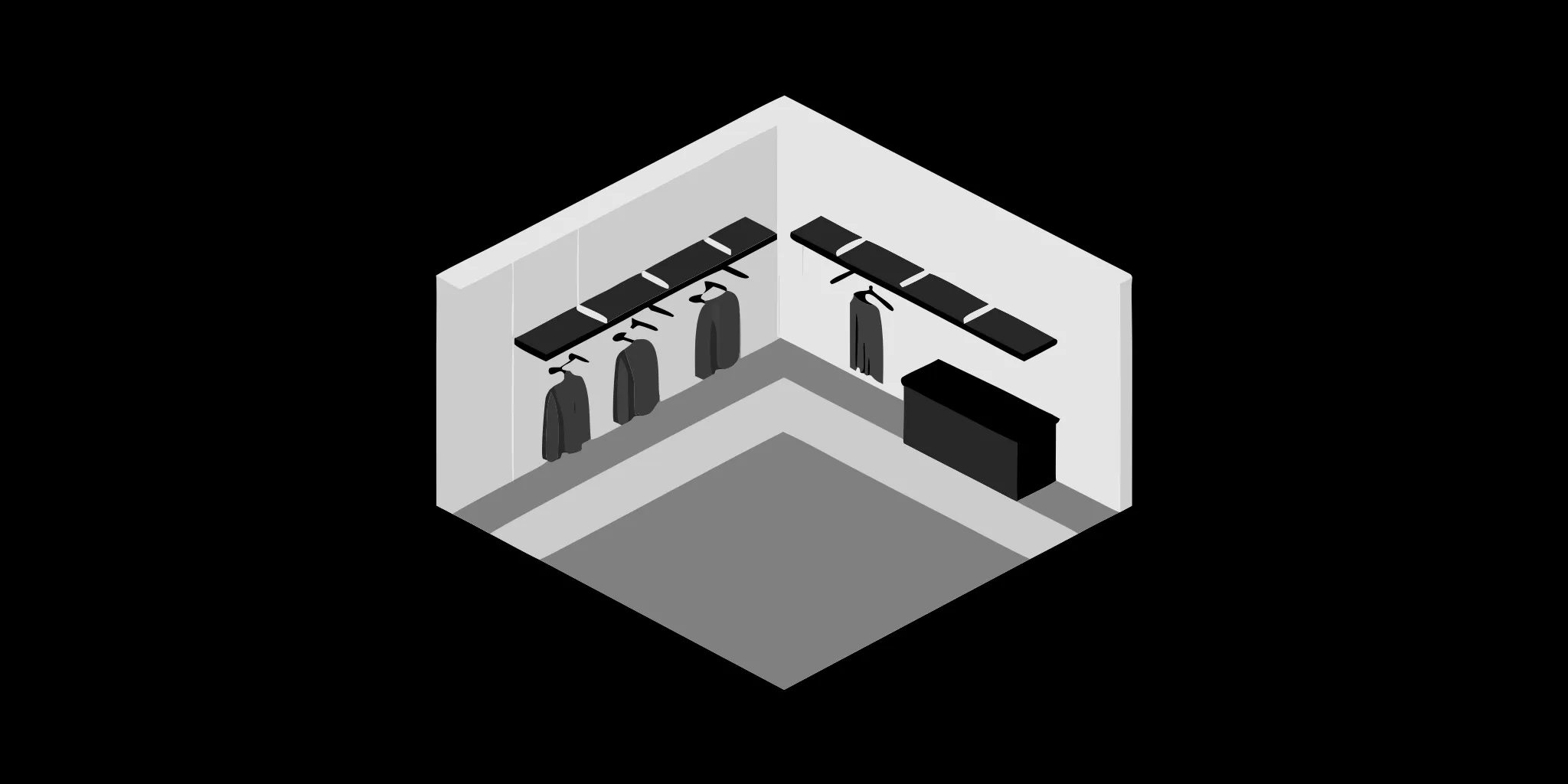 Retail gridwall displays with shelves and hooks for hanging clothing.