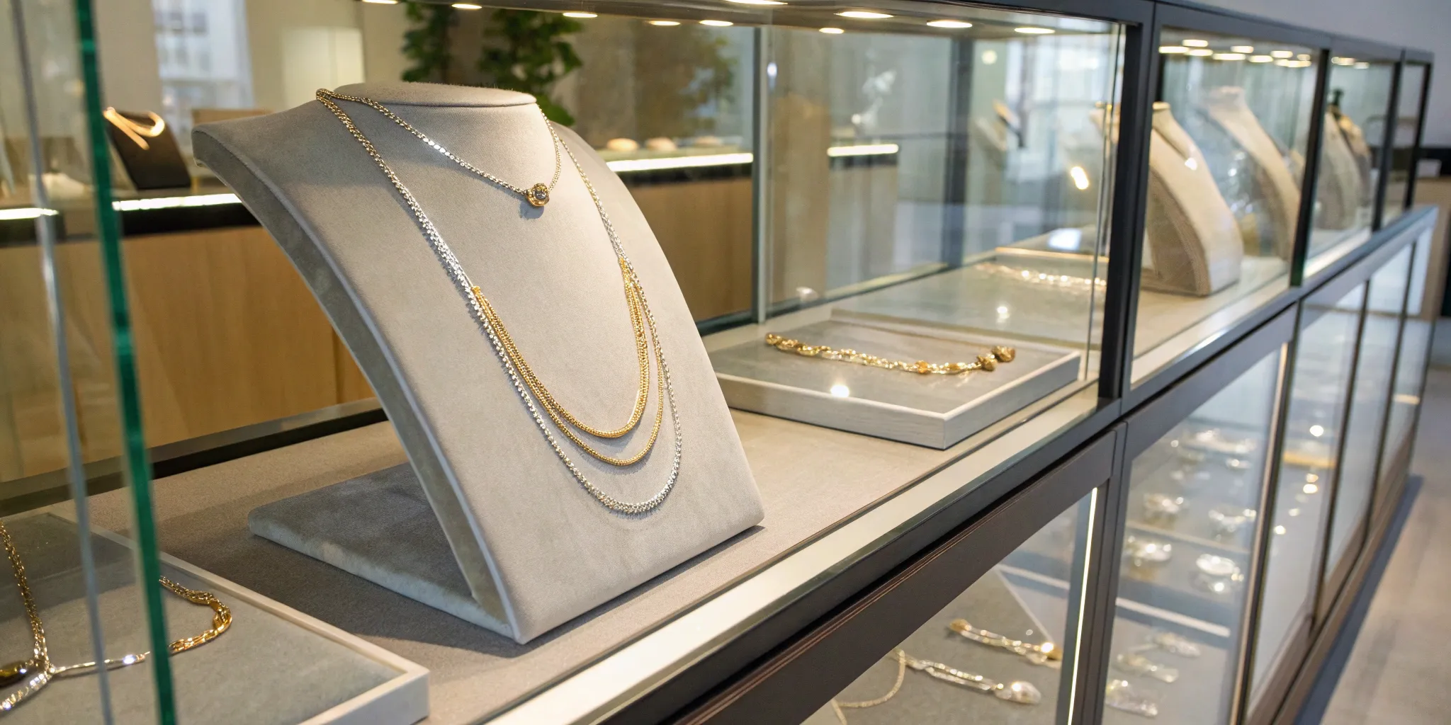 Secure glass jewelry display cases for stores with necklaces illuminated by LED lighting.