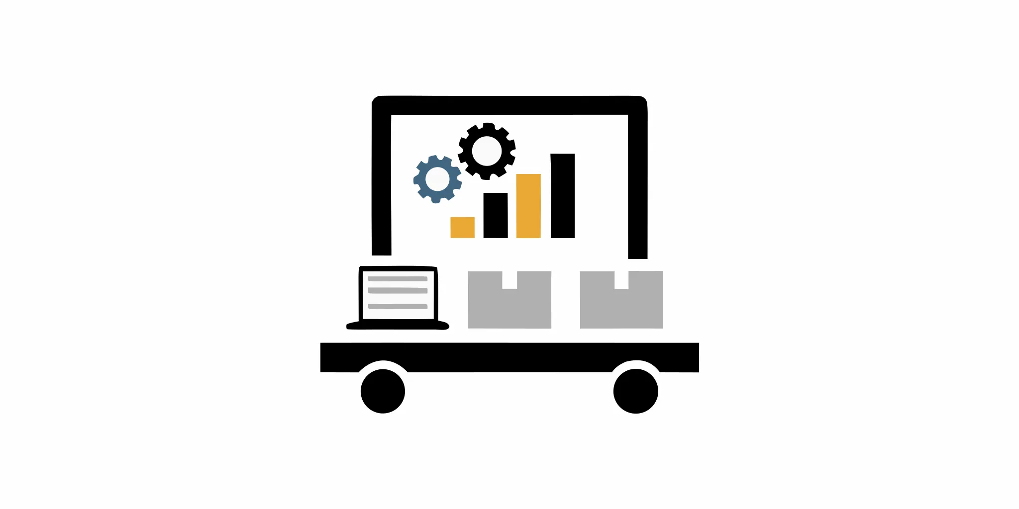 Managing spare parts inventory with a laptop, bar chart, gears, and boxes on a cart.