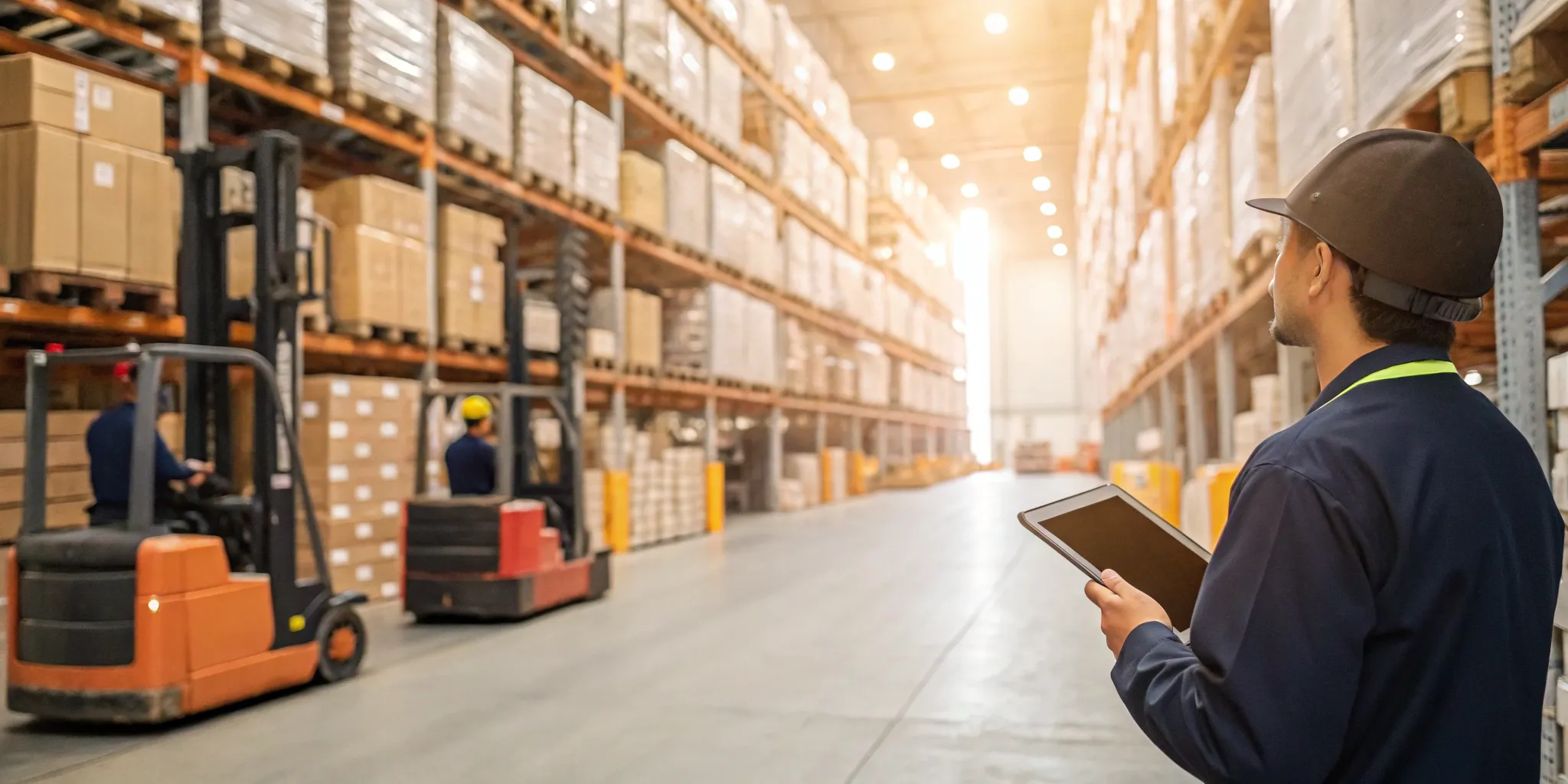 Warehouse workers managing retail logistics with forklifts and tablets in a distribution center.