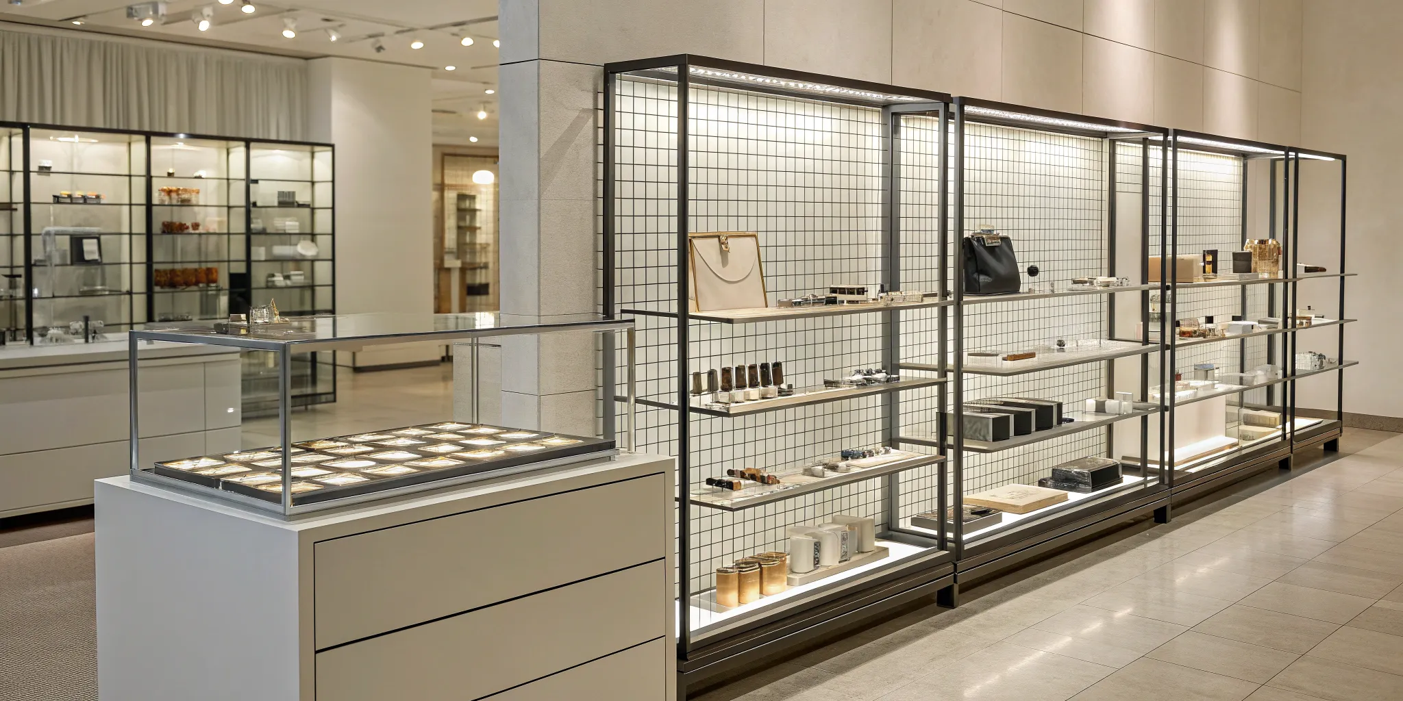 Gridwall display systems with shelves and hooks organizing merchandise in a retail store.