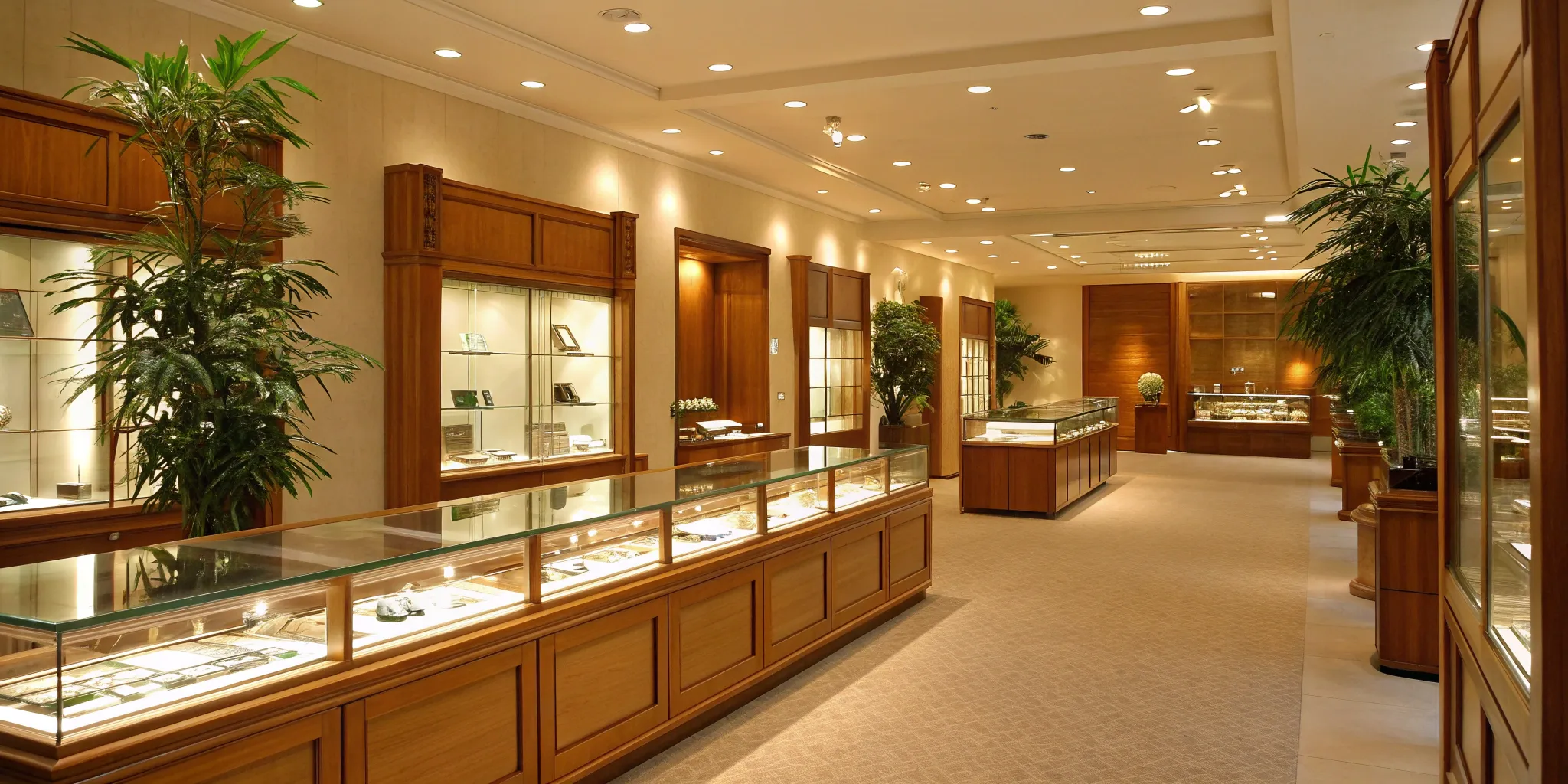 Retail interior design of a luxury store with custom fixtures, strategic lighting, and product displays.