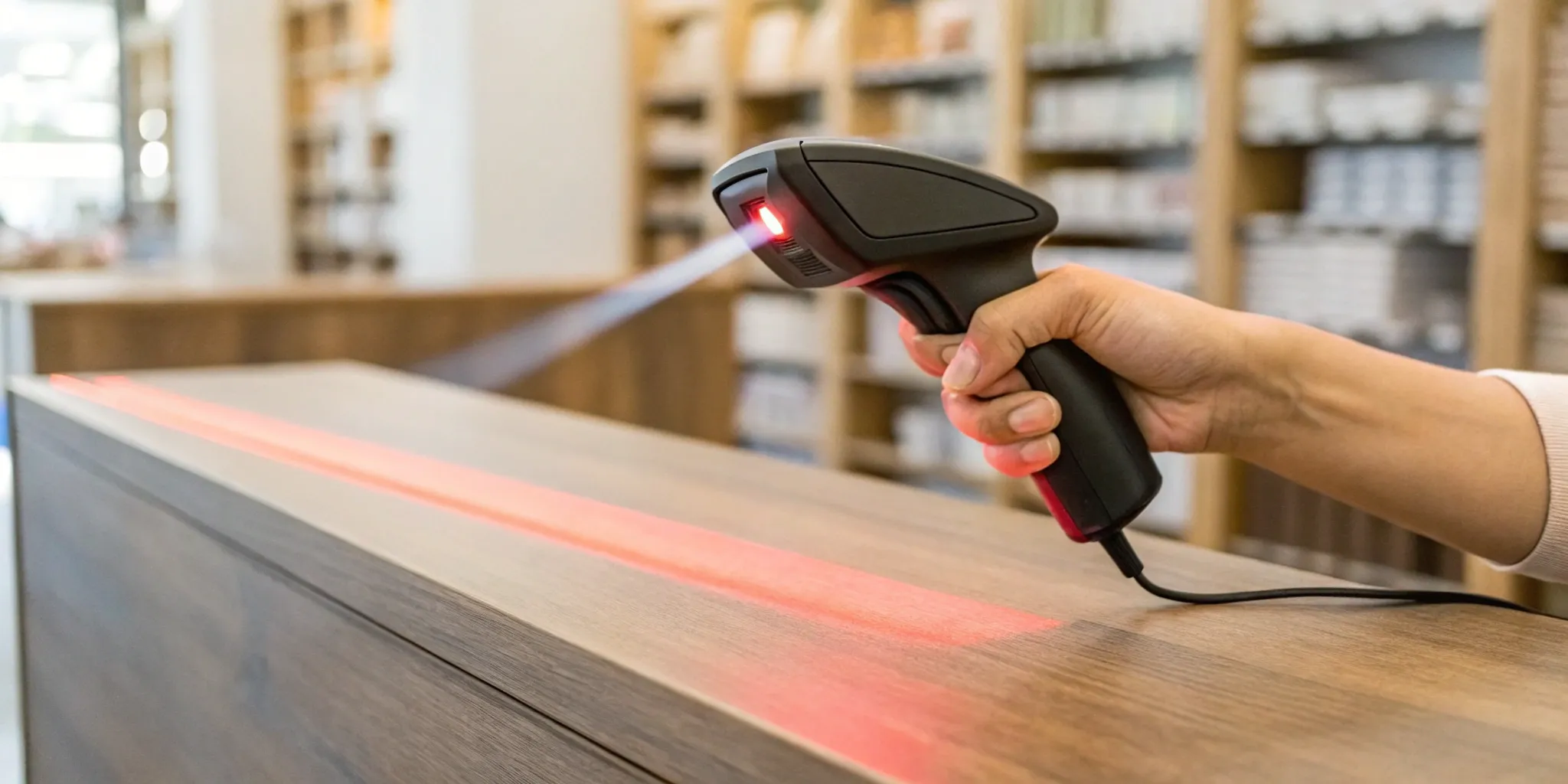 A barcode scanner reading a product's barcode label in a retail store.