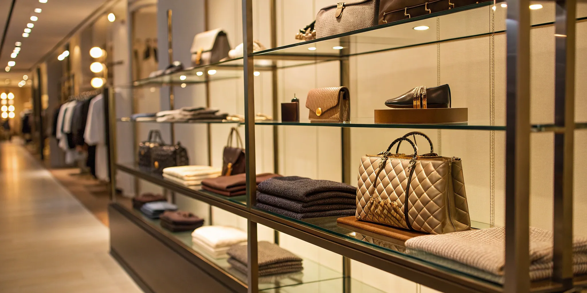 Luxury handbags, shoes, and sweaters paired in a retail cross merchandising display.
