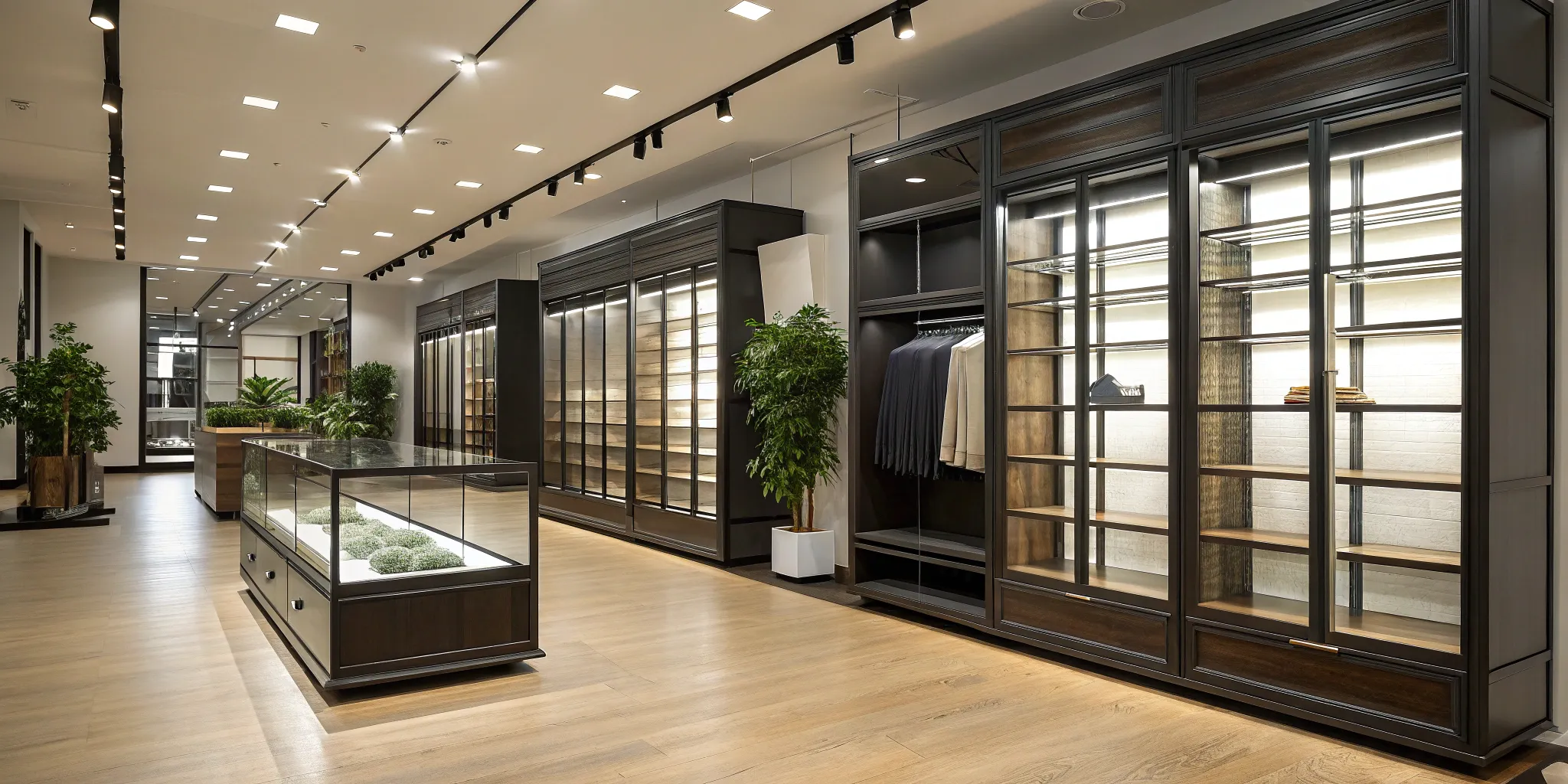 Commercial display racks in a retail setting.