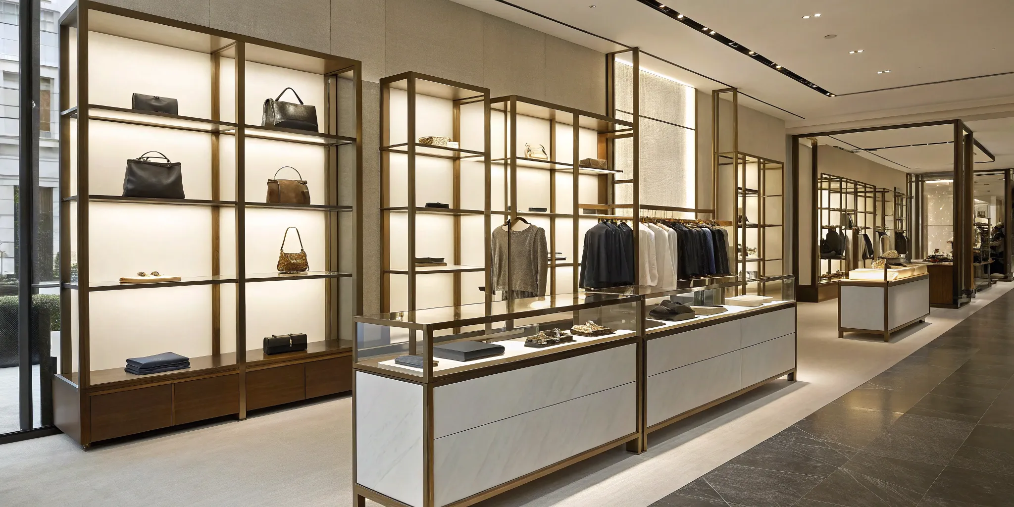 Custom retail display with illuminated shelving and glass cases.