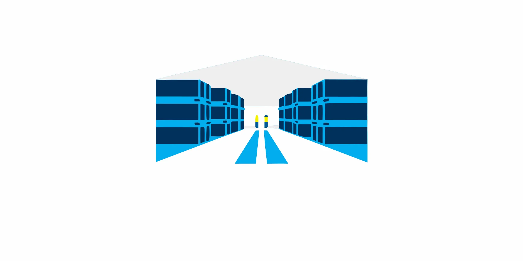 Warehouse inventory on organized racks being tracked by a warehouse management system.