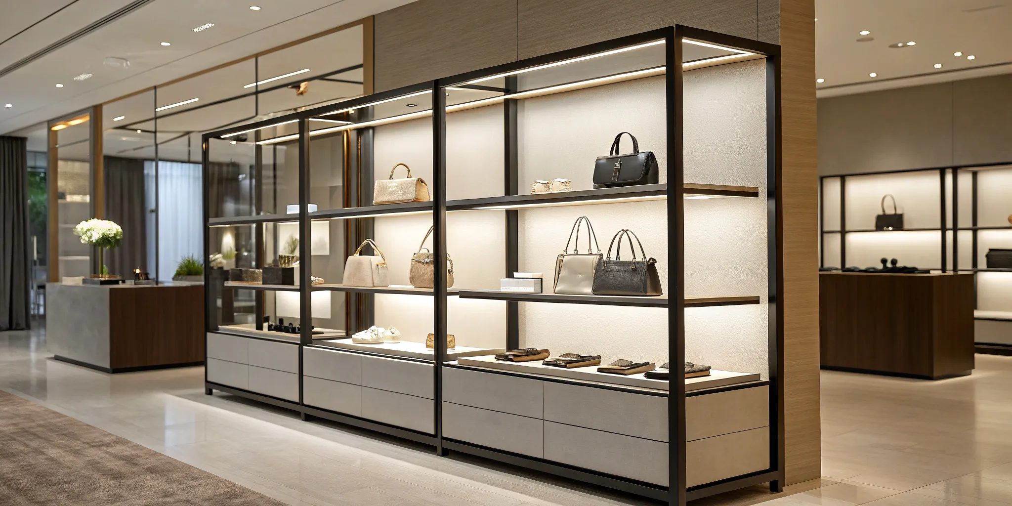 Custom fixtures creating a unique and organized product display in a modern retail store.