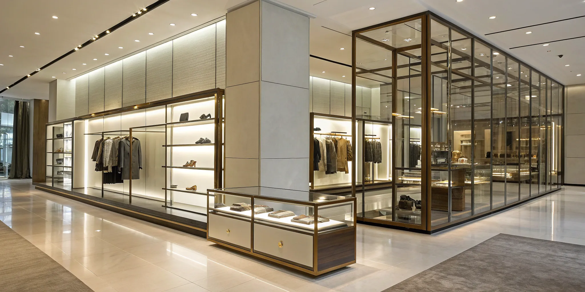 Sleek retail display showcasing 2025 trends with glass, racks, and lighting.