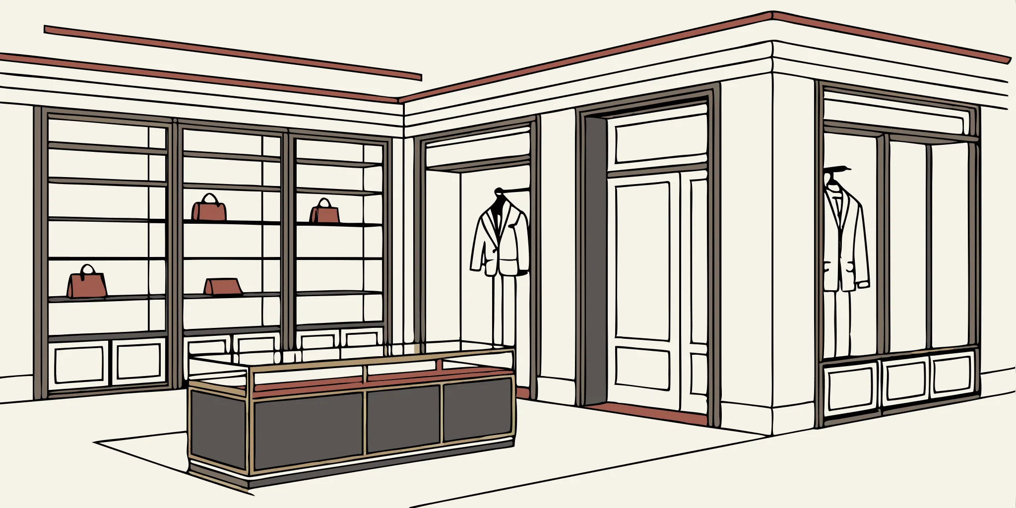 Retail store fixtures: shelves, display cases, and clothing racks.