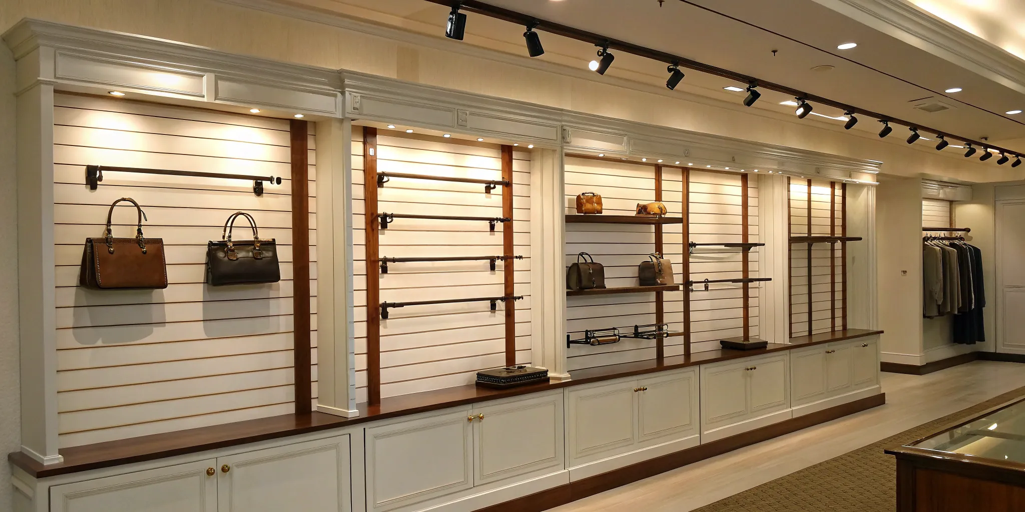 Slatwall display panels with shelving in a retail setting, sourced from a top-rated supplier.