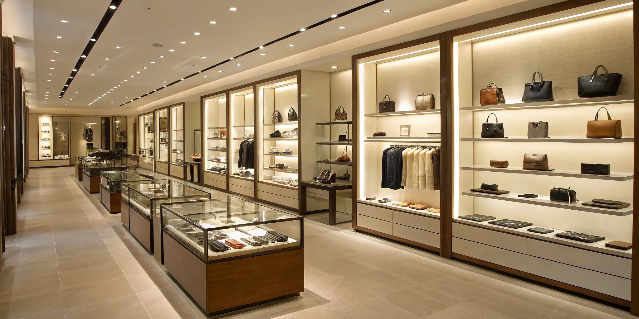 Various types of retail fixtures, including shelving and display cases, in a modern store.