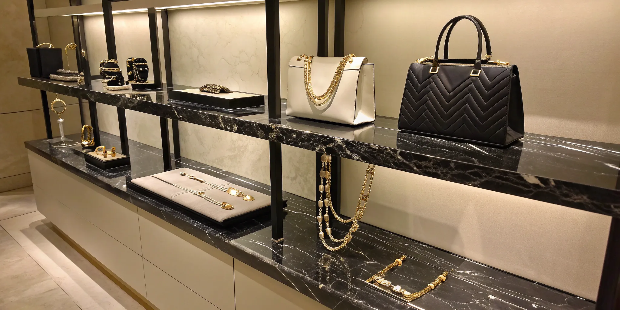 Effective visual merchandising of luxury handbags and jewelry on retail display shelves.
