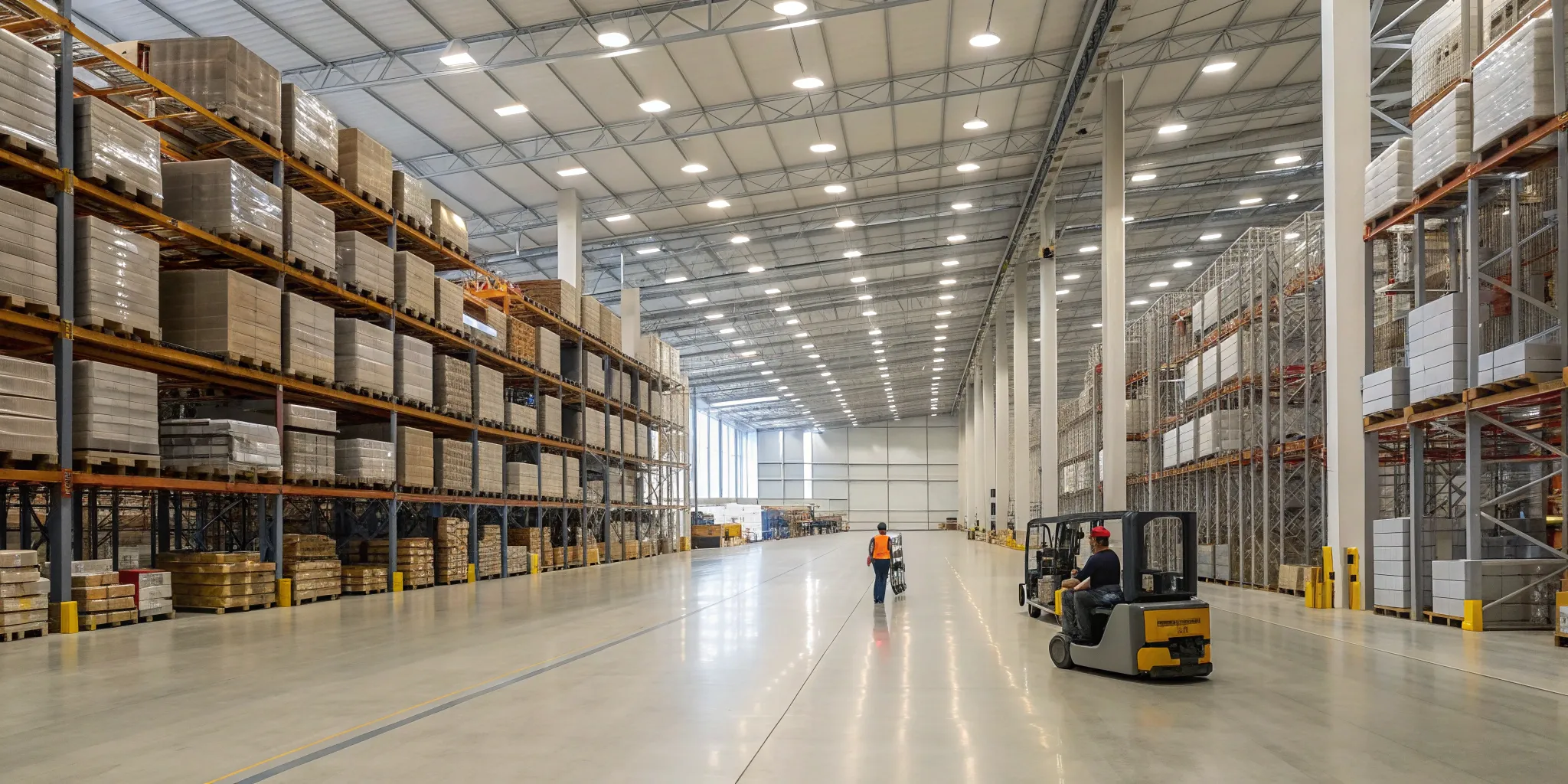 Workers use a forklift to manage inventory in a modern warehouse, a key warehousing operation for retailers.