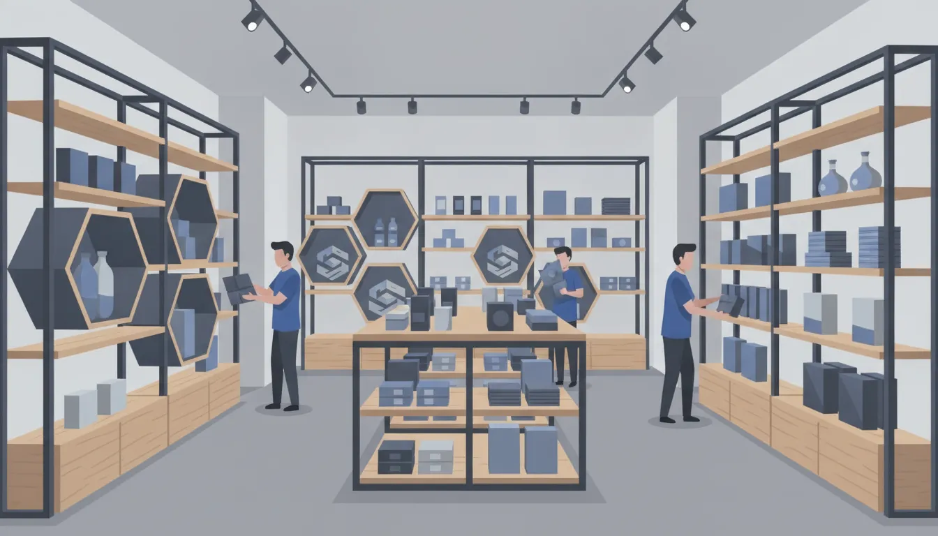 Custom retail fixtures organizing merchandise in a modern store