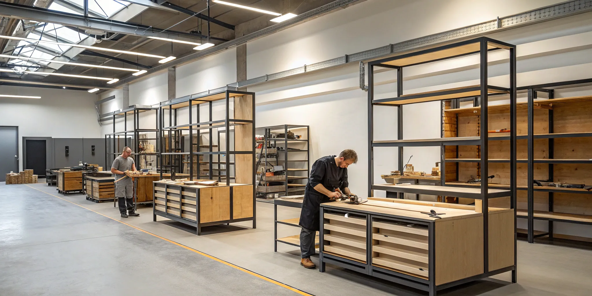 Store fixture prototyping services with professionals building a custom retail display in a workshop.