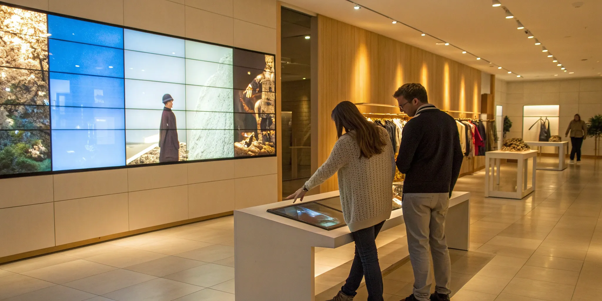 Shoppers interact with digital displays in a modern experiential retail store.