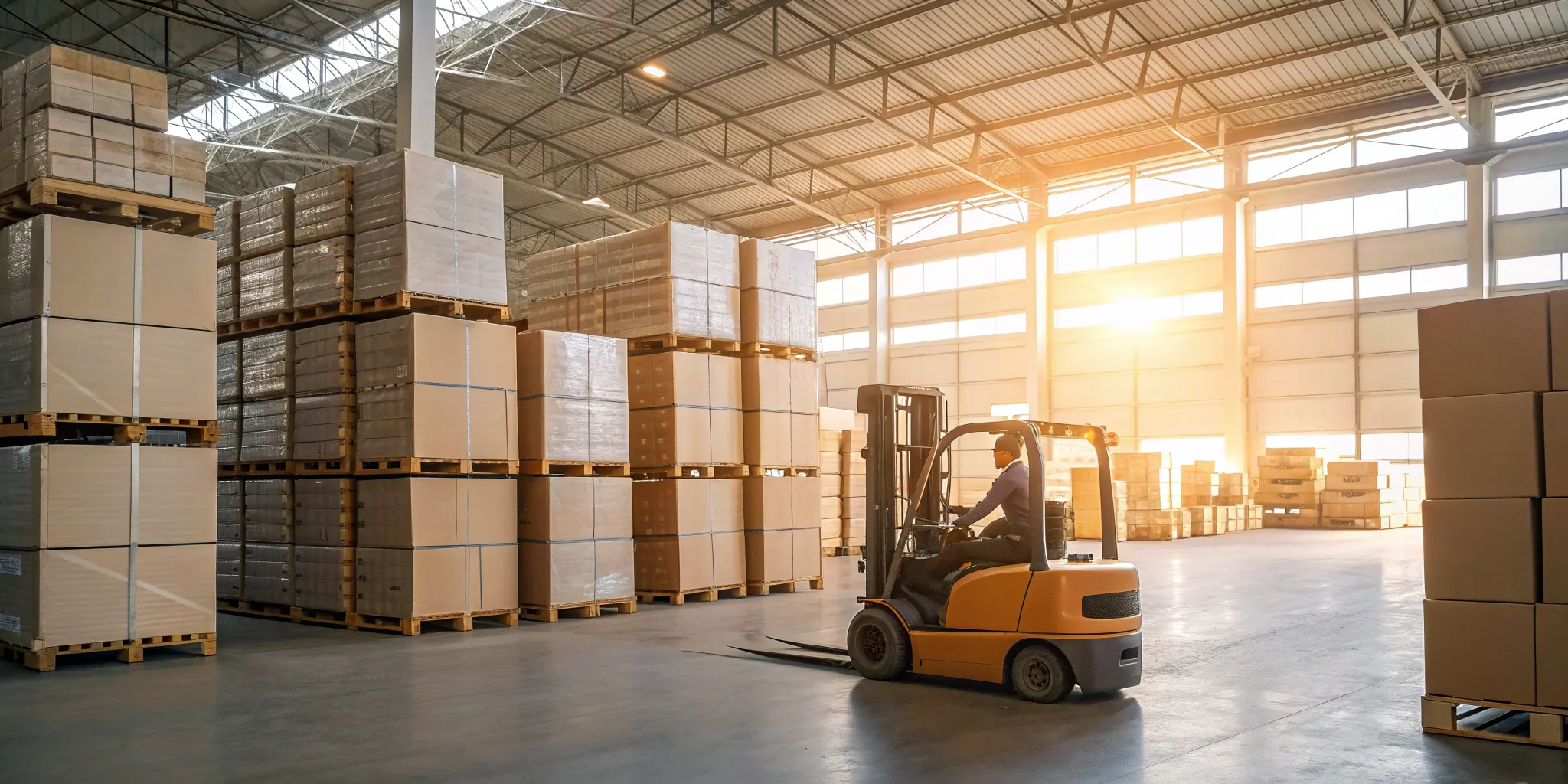 Efficient freight management in a retail warehouse with a forklift moving stacked pallets.