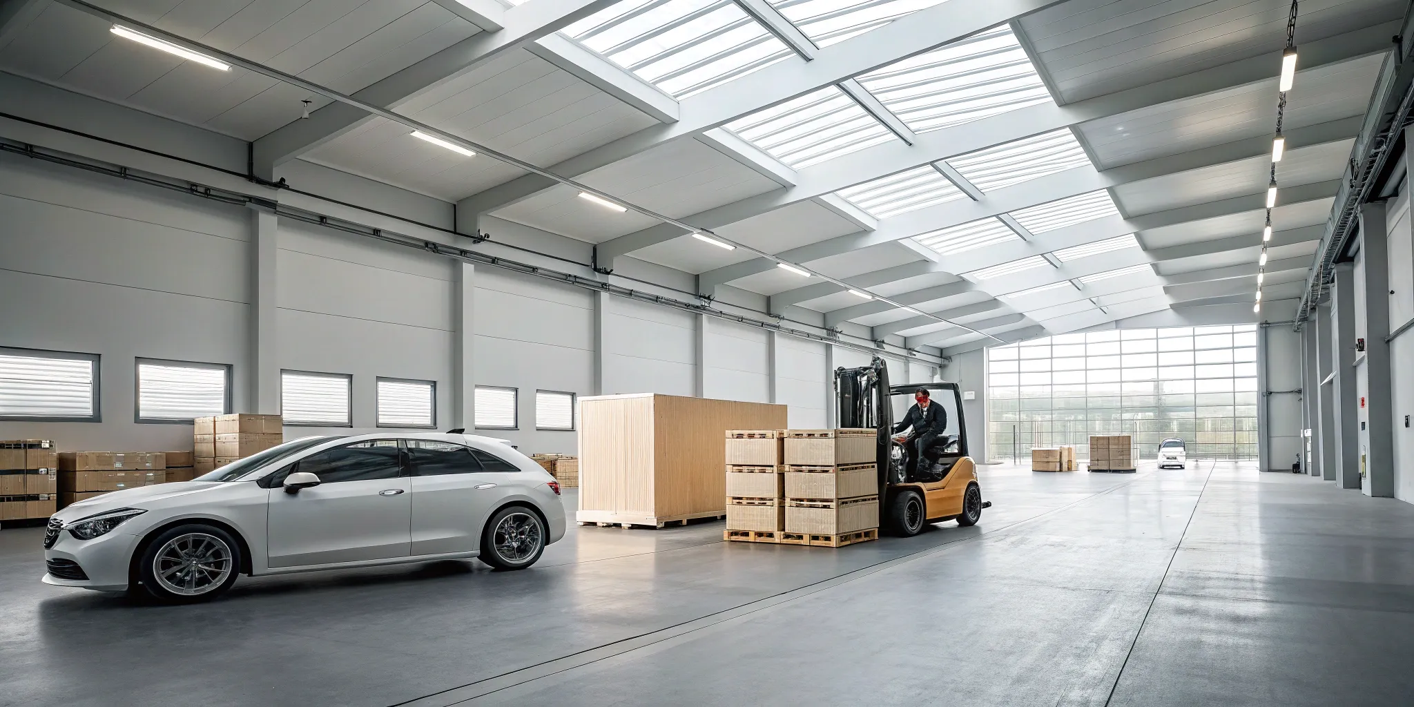 Forklift moving pallets within a warehouse for an inside delivery service.