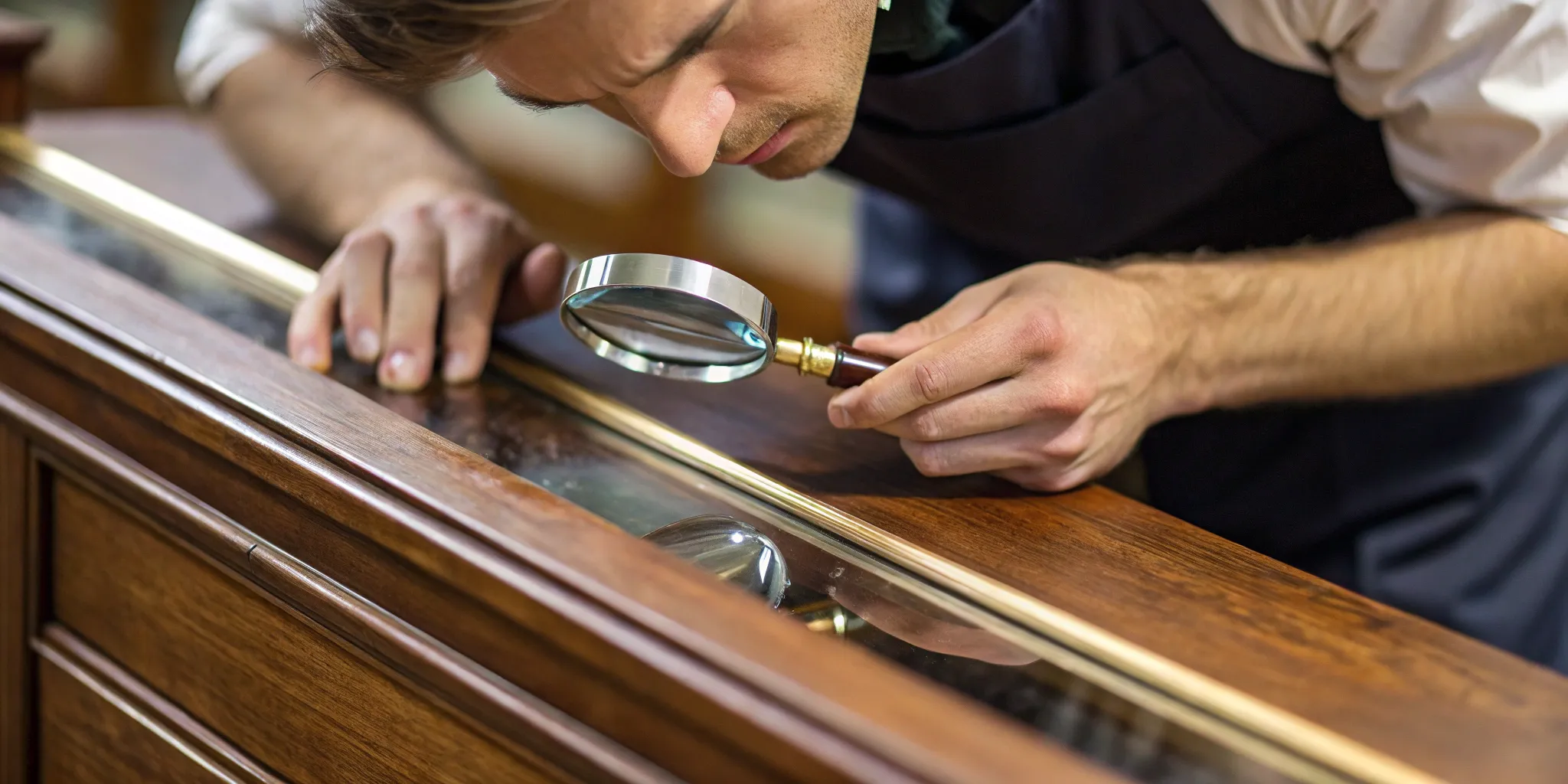 A QA inspector uses a magnifying glass to perform a detailed product inspection.